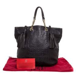 Pre Owned Carolina Herrera Dark Brown Monogram Leather Tassel Tote