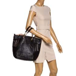 Pre Owned Carolina Herrera Dark Brown Monogram Leather Tassel Tote