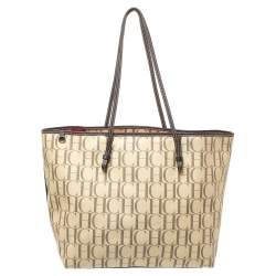 Pre Owned Carolina Herrera Beige/Brown Monogram PVC and Leather Shopper Tote