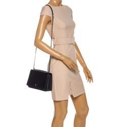 Pre Owned Carolina Herrera Navy Blue Leather Flap Shoulder Bag