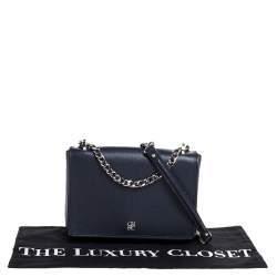 Pre Owned Carolina Herrera Navy Blue Leather Flap Shoulder Bag