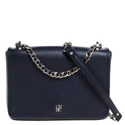 Pre Owned Carolina Herrera Navy Blue Leather Flap Shoulder Bag