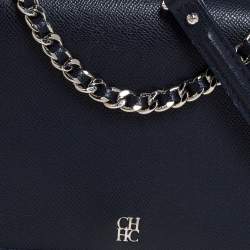 Pre Owned Carolina Herrera Navy Blue Leather Flap Shoulder Bag