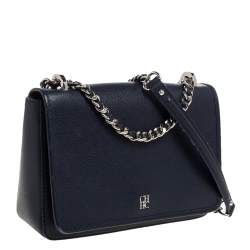 Pre Owned Carolina Herrera Navy Blue Leather Flap Shoulder Bag
