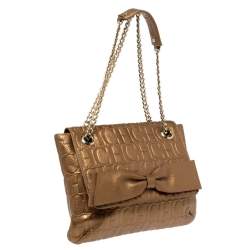 Pre Owned Carolina Herrera Metallic Bronze Monogram Leather Audrey Shoulder Bag