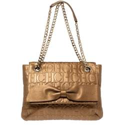 Pre Owned Carolina Herrera Metallic Bronze Monogram Leather Audrey Shoulder Bag