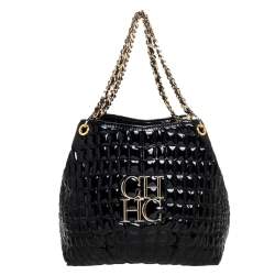 Pre Owned Carolina Herrera Black Croc Embossed Patent Leather Tote