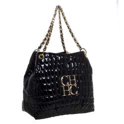 Pre Owned Carolina Herrera Black Croc Embossed Patent Leather Tote