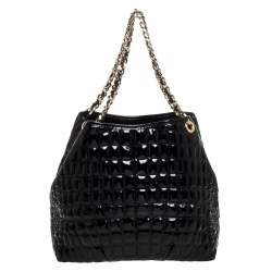 Pre Owned Carolina Herrera Black Croc Embossed Patent Leather Tote