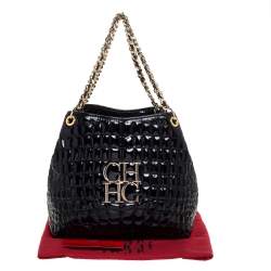 Pre Owned Carolina Herrera Black Croc Embossed Patent Leather Tote
