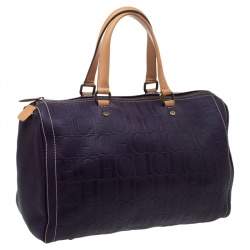 Pre Owned Carolina Herrera Dark Purple/Tan Monogram Leather Large Andy Boston Bag