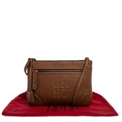 Pre Owned Carolina Herrera Brown Leather Logo CH Crossbody Bag