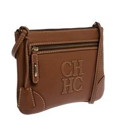 Pre Owned Carolina Herrera Brown Leather Logo CH Crossbody Bag