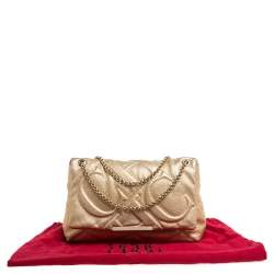 Pre Owned Carolina Herrera Gold Embossed Leather Metal Flap Shoulder Bag