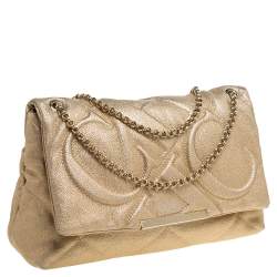 Pre Owned Carolina Herrera Gold Embossed Leather Metal Flap Shoulder Bag