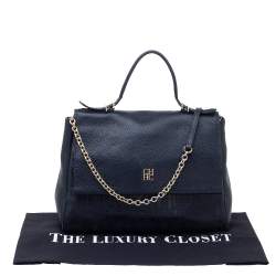 Carolina Herrera Navy Blue Leather Minuetto Flap Top Handle Bag
