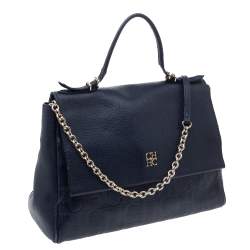 Carolina Herrera Navy Blue Leather Minuetto Flap Top Handle Bag