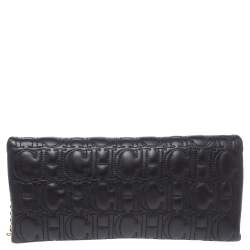 Pre Owned Carolina Herrera Black Monogram Leather Jerry Chain Clutch