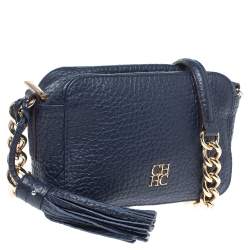 Pre Owned Carolina Herrera Navy Blue Leather Mini Crossbody Bag