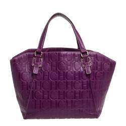 Pre Owned Carolina Herrera Purple Embossed Leather Open Tote