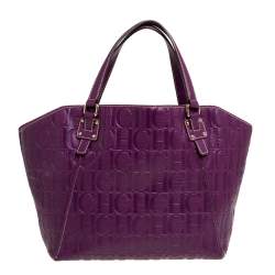 Pre Owned Carolina Herrera Purple Embossed Leather Open Tote