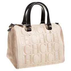 Pre Owned Carolina Herrera Beige/Brown Monogram Leather Mini Andy Boston Bag