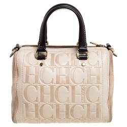 Pre Owned Carolina Herrera Beige/Brown Monogram Leather Mini Andy Boston Bag