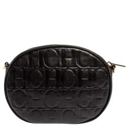 Pre Owned Carolina Herrera Black Embossed Leather Oval Shoulder Bag