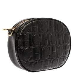 Pre Owned Carolina Herrera Black Embossed Leather Oval Shoulder Bag