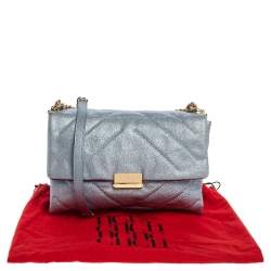 Pre Owned Carolina Herrera Metallic Blue Leather Flap Shoulder Bag