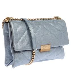 Pre Owned Carolina Herrera Metallic Blue Leather Flap Shoulder Bag