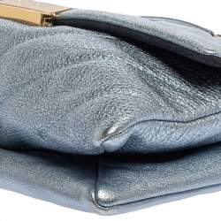 Pre Owned Carolina Herrera Metallic Blue Leather Flap Shoulder Bag