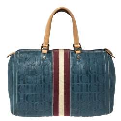 Pre Owned Carolina Herrera Blue Monogram Leather Large Andy Boston Bag