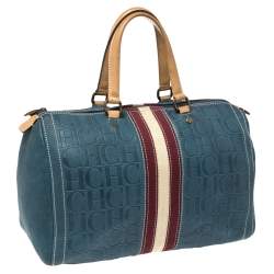 Pre Owned Carolina Herrera Blue Monogram Leather Large Andy Boston Bag