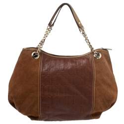 Pre Owned Carolina Herrera Brown Monogram Suede and Leather Chain Hobo