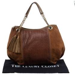 Pre Owned Carolina Herrera Brown Monogram Suede and Leather Chain Hobo
