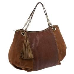Pre Owned Carolina Herrera Brown Monogram Suede and Leather Chain Hobo