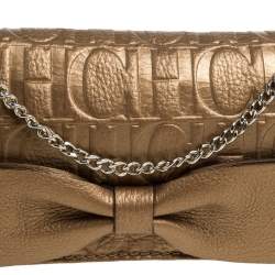 Carolina Herrera Gold Monogram Embossed Leather Bow Shoulder Bag