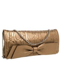 Carolina Herrera Gold Monogram Embossed Leather Bow Shoulder Bag