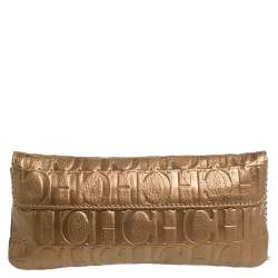 Carolina Herrera Gold Monogram Embossed Leather Bow Shoulder Bag