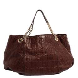 Pre Owned Carolina Herrera Brown Monogram Leather Chain Hobo
