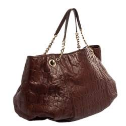 Pre Owned Carolina Herrera Brown Monogram Leather Chain Hobo
