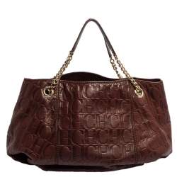 Pre Owned Carolina Herrera Brown Monogram Leather Chain Hobo
