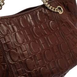 Pre Owned Carolina Herrera Brown Monogram Leather Chain Hobo