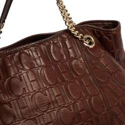Pre Owned Carolina Herrera Brown Monogram Leather Chain Hobo