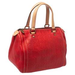 Pre Owned Carolina Herrera Red/Beige Monogram Embossed Leather Andy Satchel