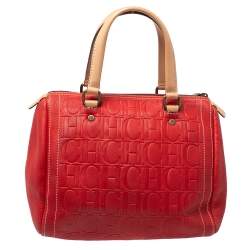 Pre Owned Carolina Herrera Red/Beige Monogram Embossed Leather Andy Satchel