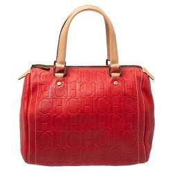 Pre Owned Carolina Herrera Red/Beige Monogram Embossed Leather Andy Satchel