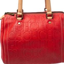 Pre Owned Carolina Herrera Red/Beige Monogram Embossed Leather Andy Satchel