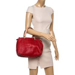 Pre Owned Carolina Herrera Red/Beige Monogram Embossed Leather Andy Satchel